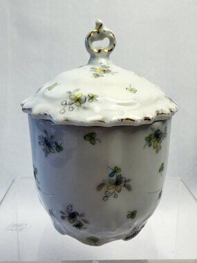 Victoria Carlsbad Austria Antique Porcelain Vanity Jar with Lid Floral Gold Trim